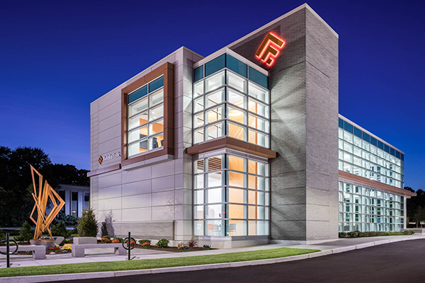 The newly constructed Avidia Bank branch in Framingham, MA is a beacon to passing traffic.