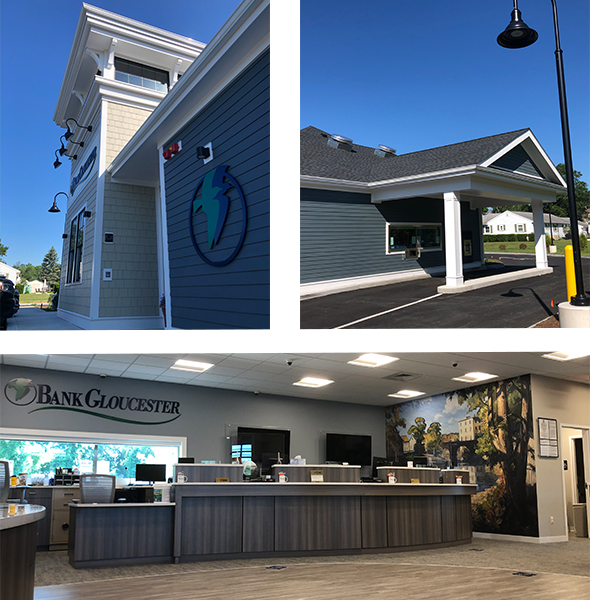 A bank exterior designed with shingles and clapboard siding to complement the eastern Massachusetts market. 